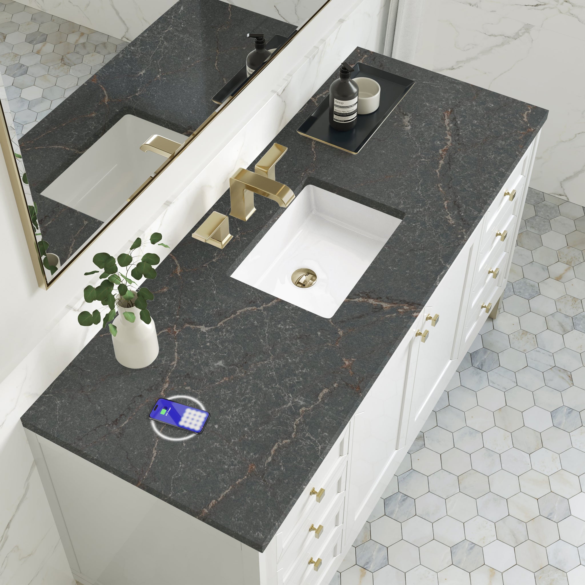 James Martin Chicago 60" Single Bathroom Vanity, Glossy White with Parisien Bleu (FreePower) countertop
