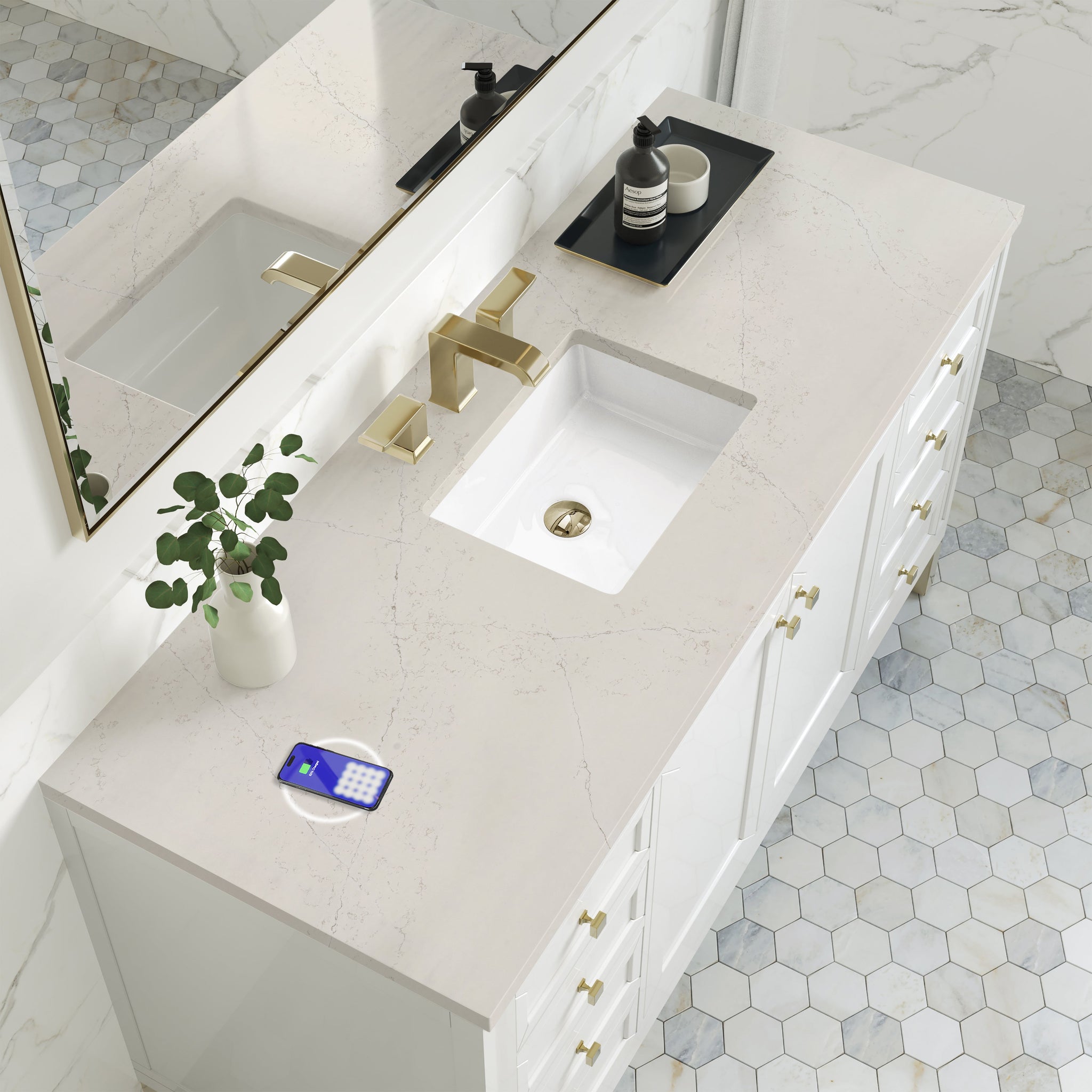 James Martin Chicago 60" Single Bathroom Vanity, Glossy White with Siberian (FreePower) countertop