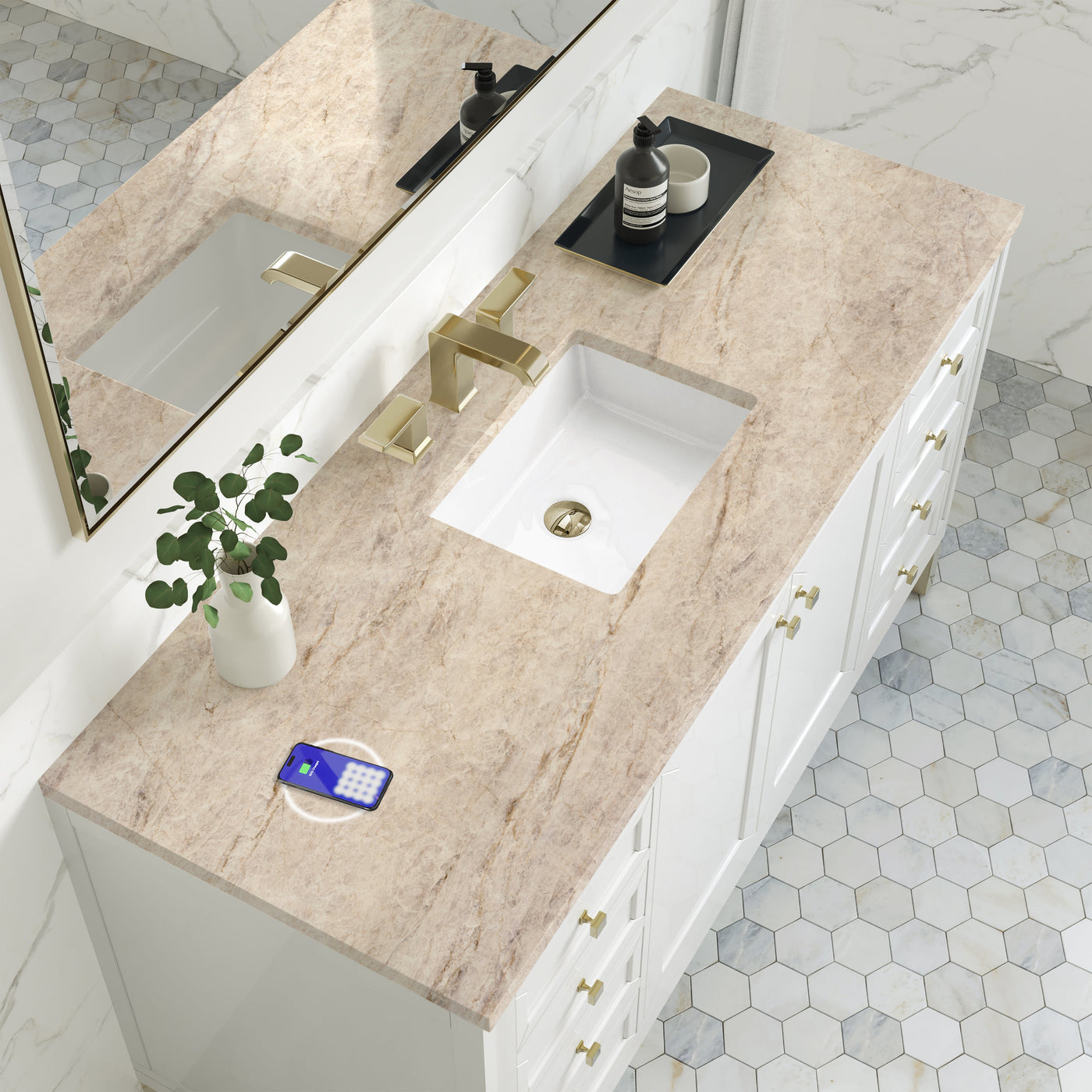 James Martin Chicago 60" Single Bathroom Vanity, Glossy White with Tajnar (FreePower) countertop