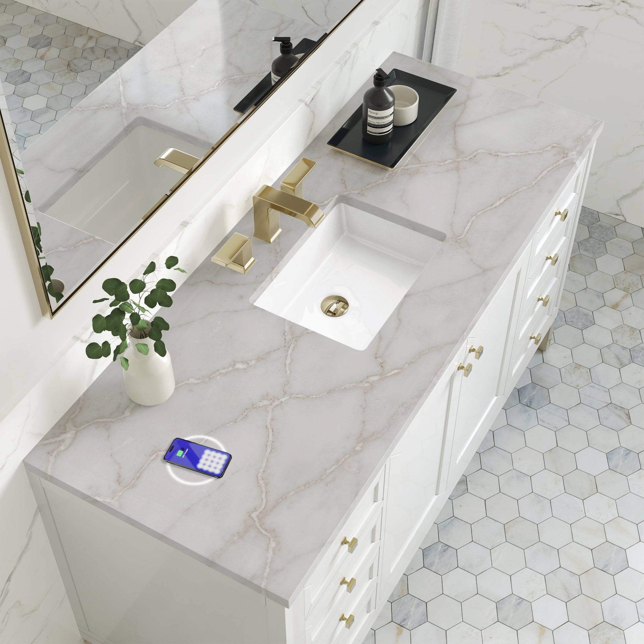 James Martin Chicago 60" Single Bathroom Vanity, Glossy White with Victorian Silver (FreePower) countertop