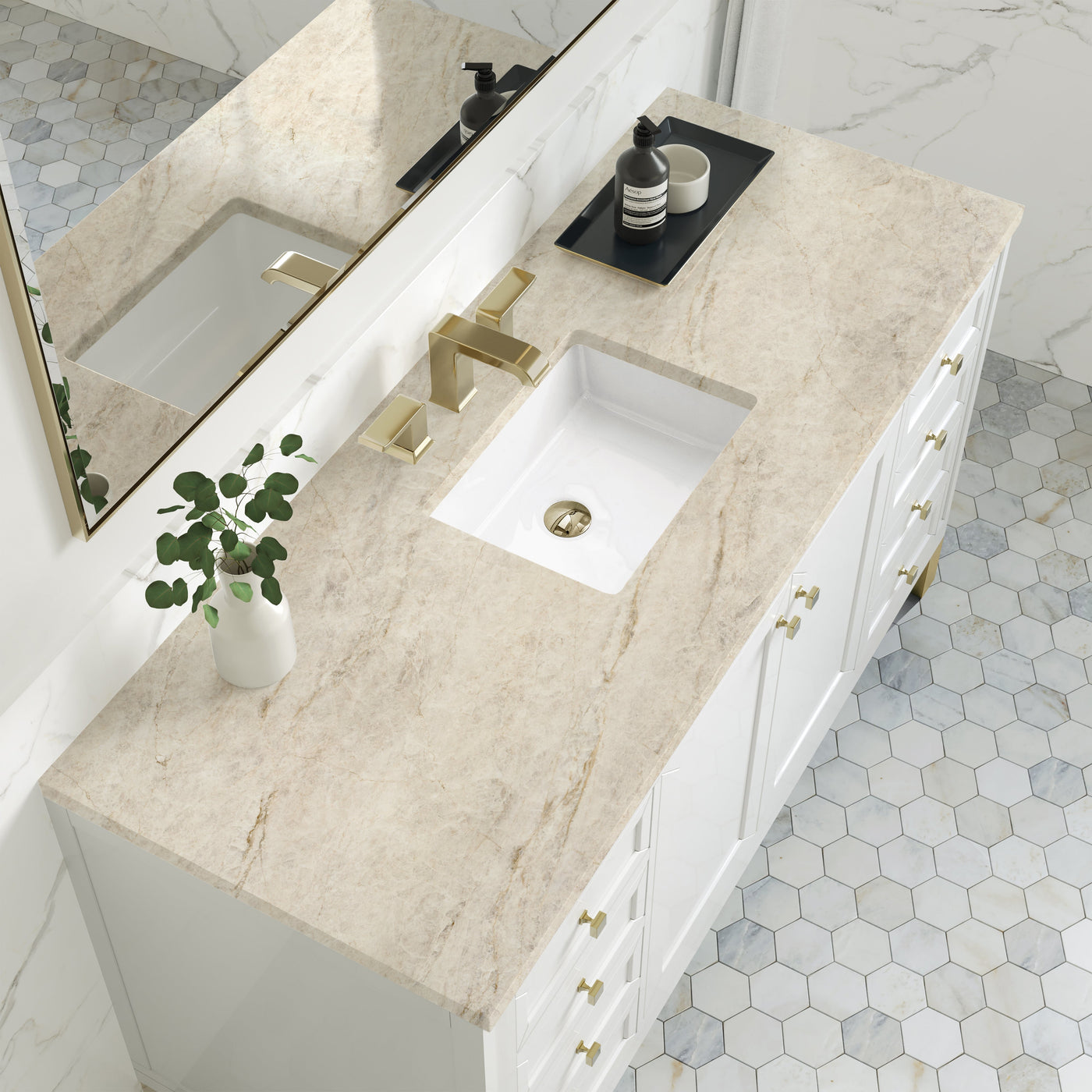 James Martin Chicago 60" Single Bathroom Vanity, Glossy White with Tajnar countertop