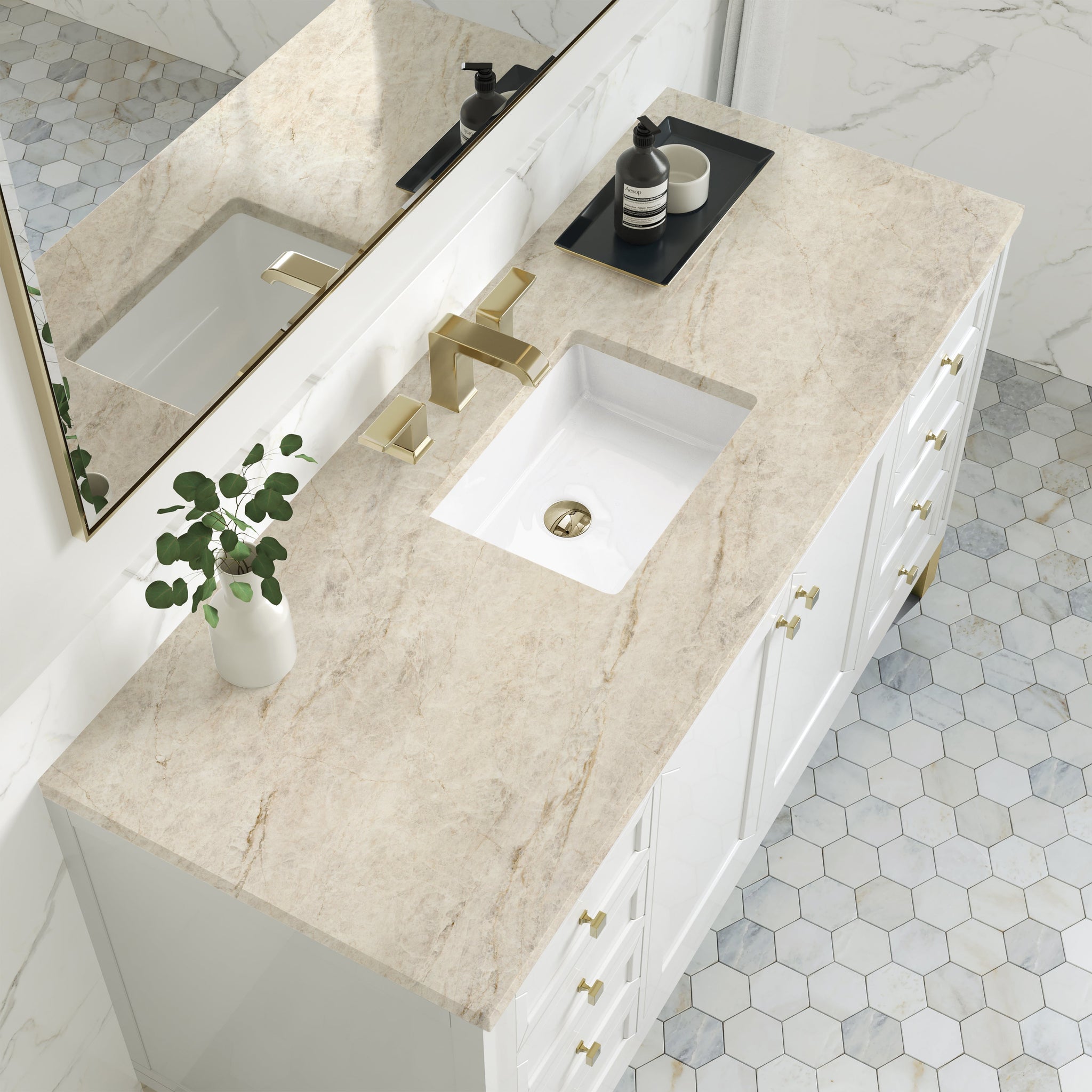 James Martin Chicago 60" Single Bathroom Vanity, Glossy White with Tajnar countertop