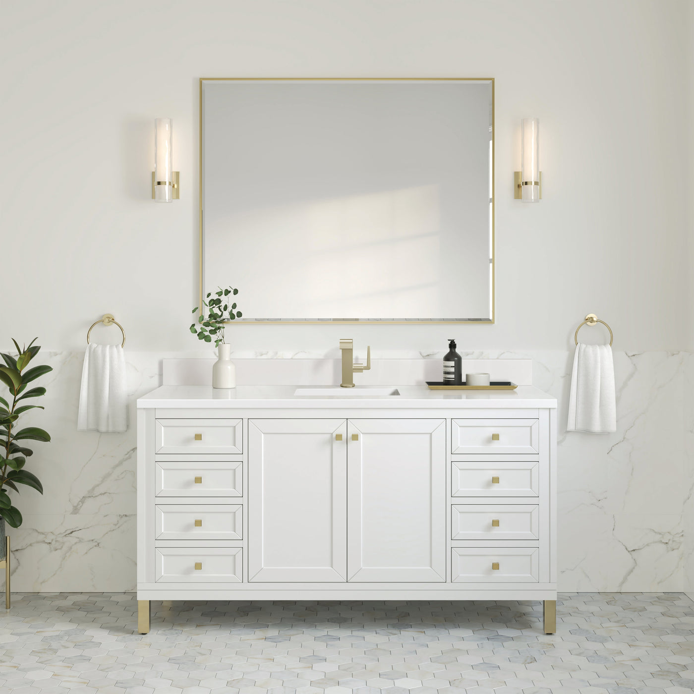 James Martin Chicago 60" Single Bathroom Vanity, Glossy White with White Zeus (Single Hole, with Backsplash) countertop