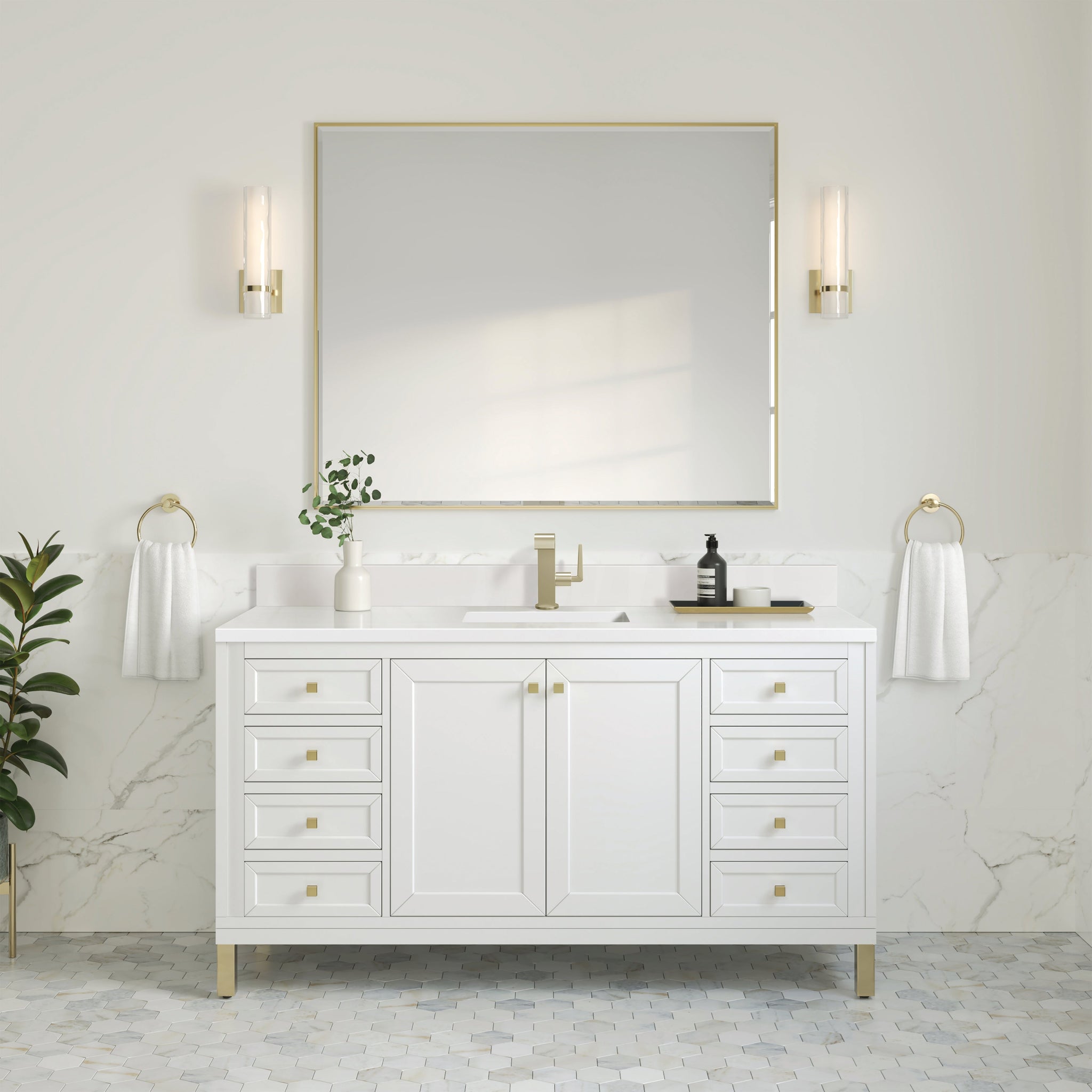 James Martin Chicago 60" Single Bathroom Vanity, Glossy White with White Zeus (Single Hole, with Backsplash) countertop