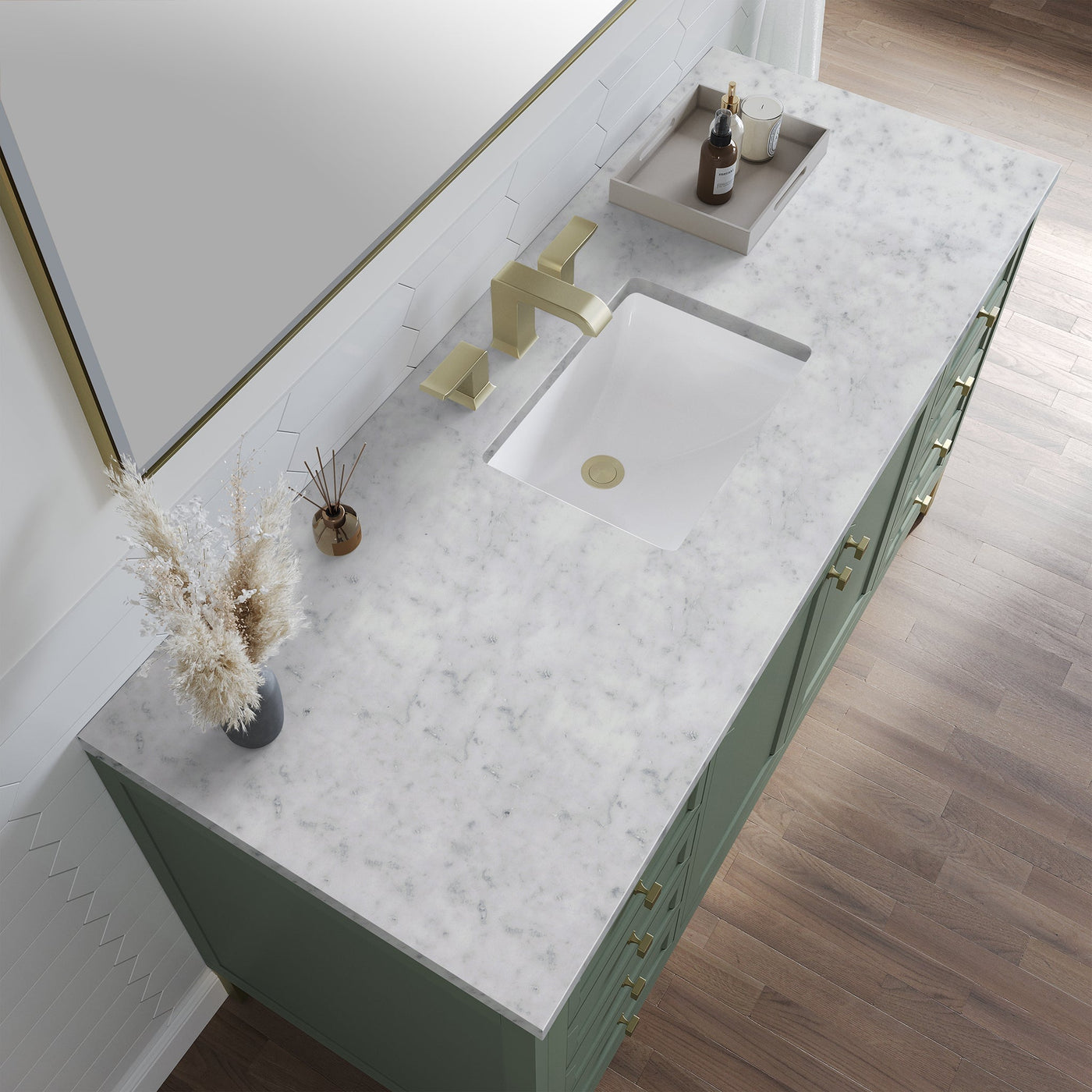 James Martin Chicago 60" Single Bathroom Vanity, Smokey Celadon with Carrara White countertop