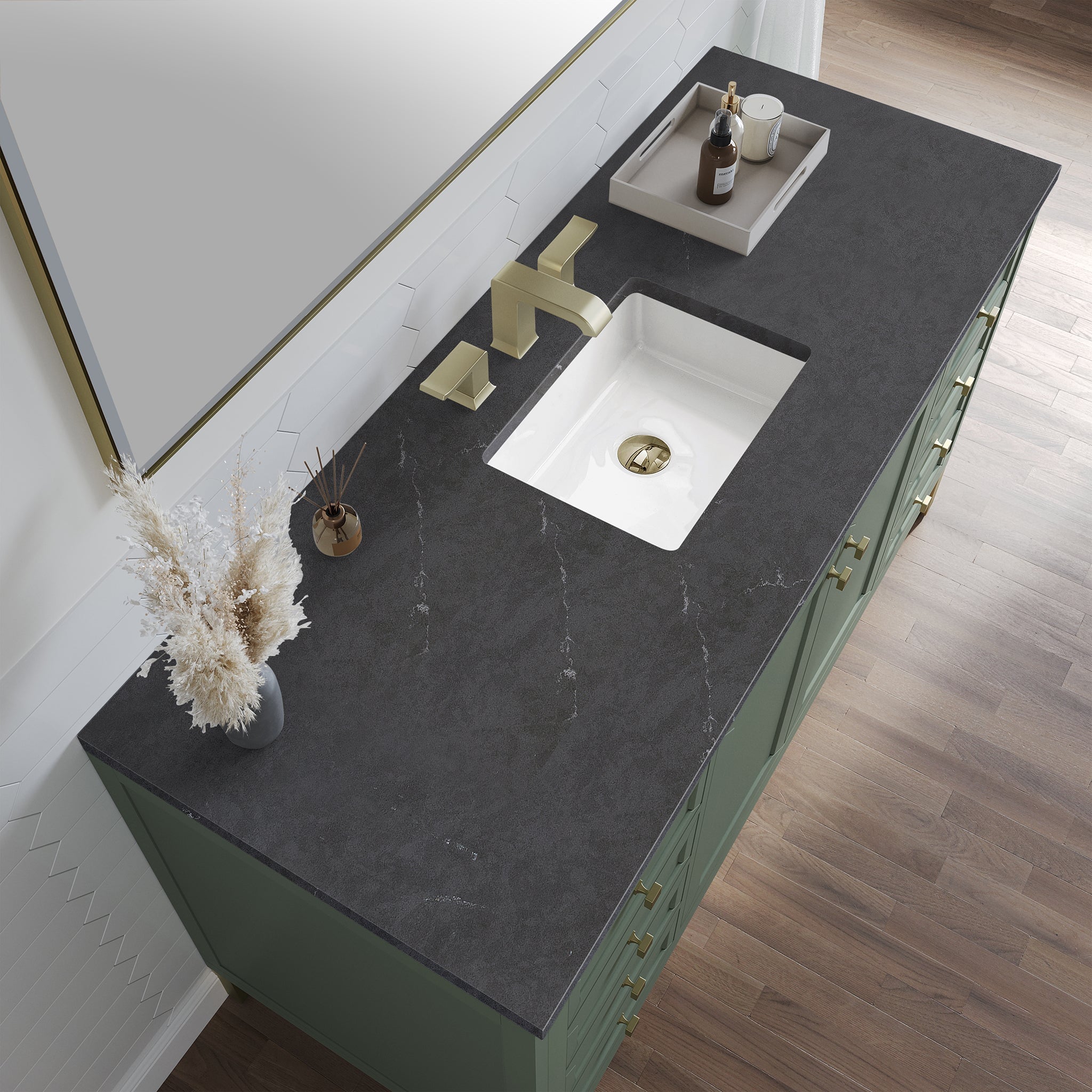 James Martin Chicago 60" Single Bathroom Vanity, Smokey Celadon with Charcoal Soapstone countertop