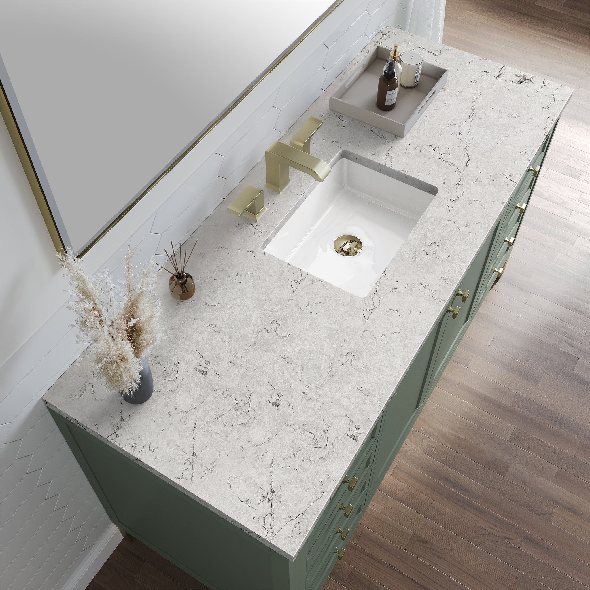 James Martin Chicago 60" Single Bathroom Vanity, Smokey Celadon with Eternal Jasmine Pearl countertop
