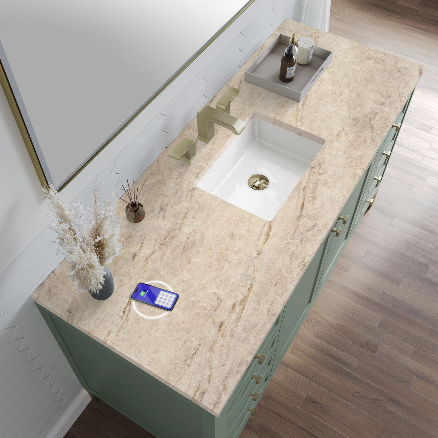 James Martin Chicago 60" Single Bathroom Vanity, Smokey Celadon with Tajnar (FreePower) countertop