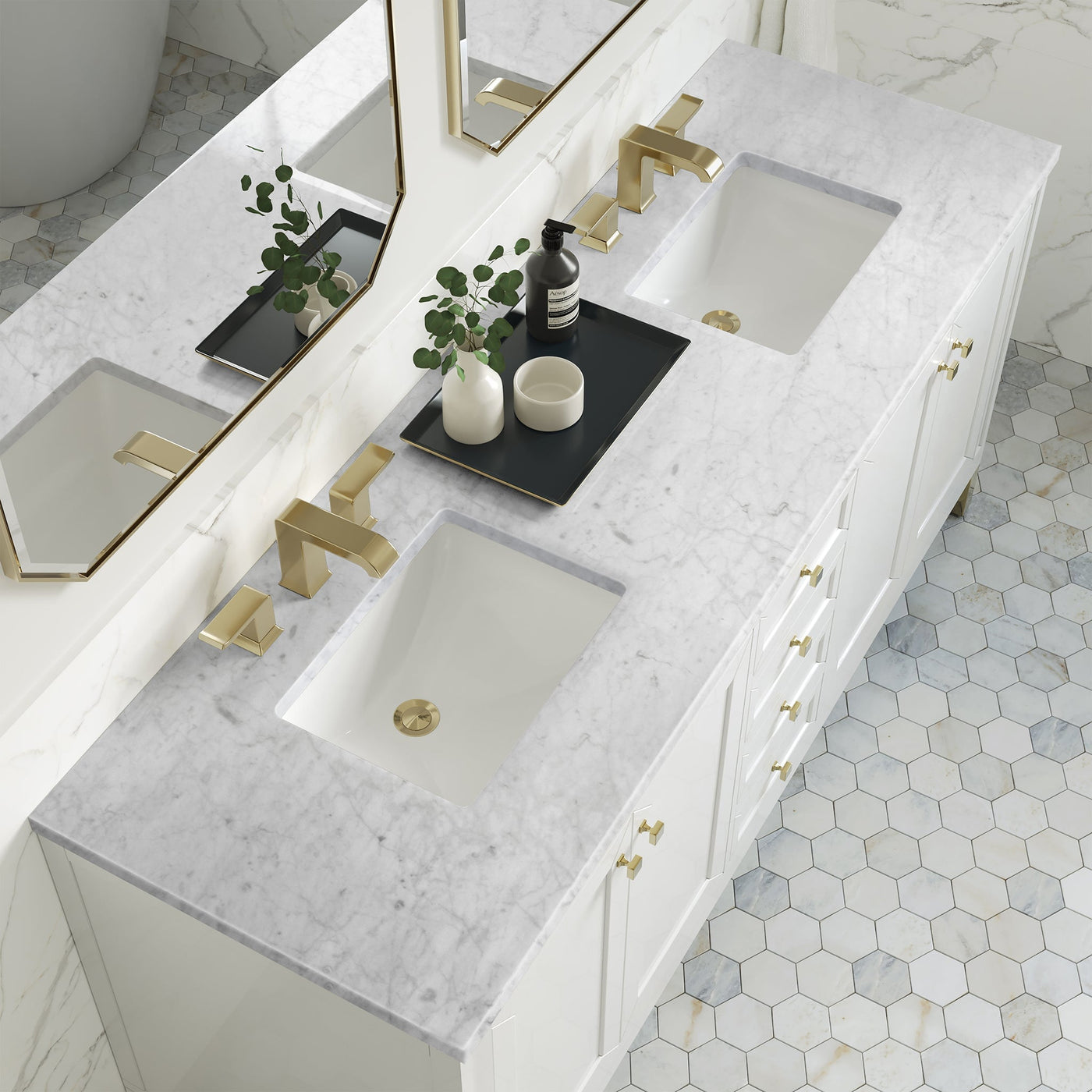 James Martin Chicago 72" Double Bathroom Vanity, Glossy White with Carrara White countertop