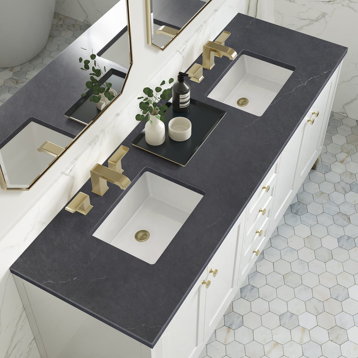 James Martin Chicago 72" Double Bathroom Vanity, Glossy White with Charcoal Soapstone countertop