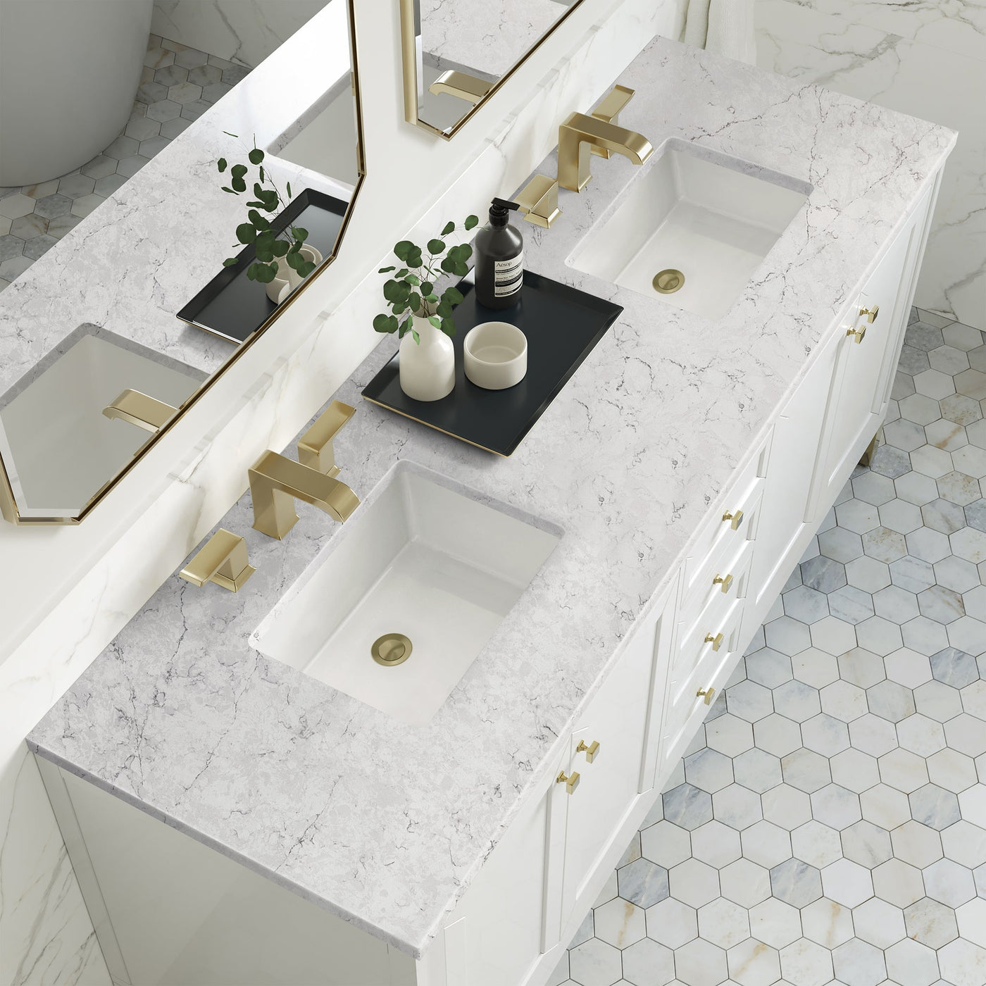 James Martin Chicago 72" Double Bathroom Vanity, Glossy White with Eternal Jasmine Pearl countertop
