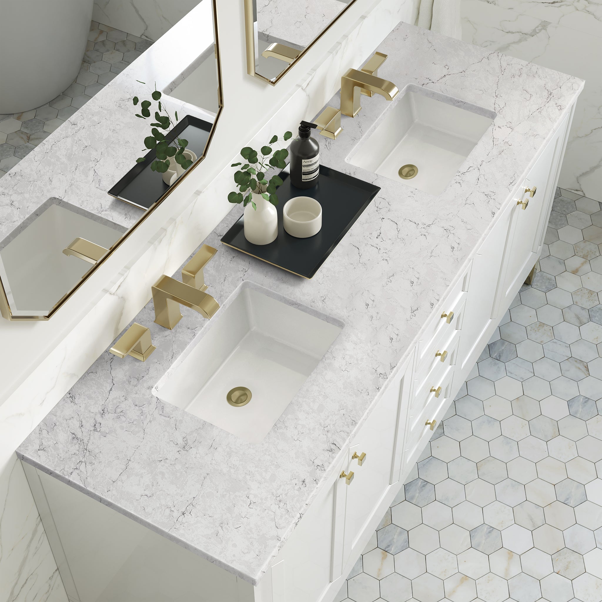 James Martin Chicago 72" Double Bathroom Vanity, Glossy White with Eternal Jasmine Pearl countertop