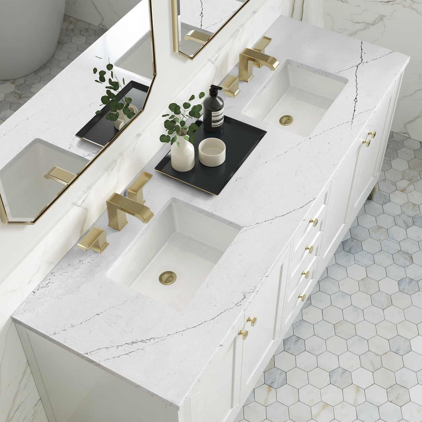 James Martin Chicago 72" Double Bathroom Vanity, Glossy White with Ethereal Noctis countertop