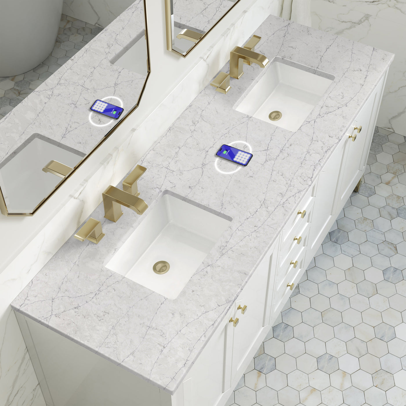 James Martin Chicago 72" Double Bathroom Vanity, Glossy White with Eternal Jasmine Pearl (FreePower) countertop