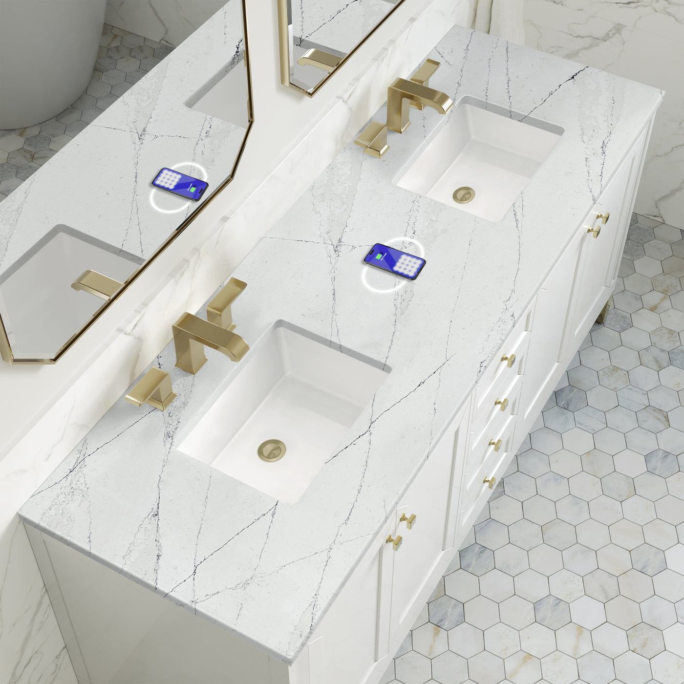 James Martin Chicago 72" Double Bathroom Vanity, Glossy White with Ethereal Noctis (FreePower) countertop