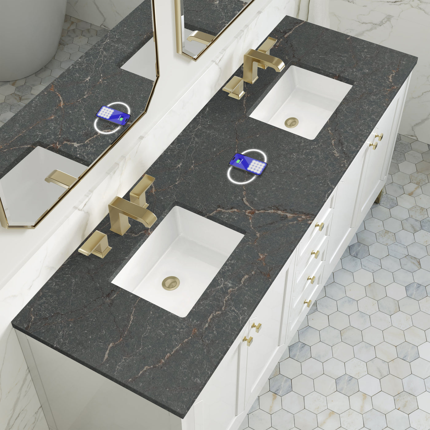 James Martin Chicago 72" Double Bathroom Vanity, Glossy White with Parisien Bleu (FreePower) countertop