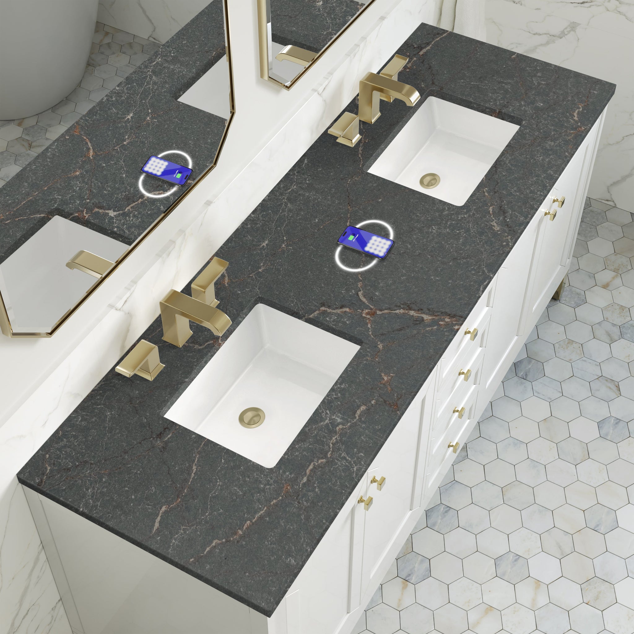 James Martin Chicago 72" Double Bathroom Vanity, Glossy White with Parisien Bleu (FreePower) countertop