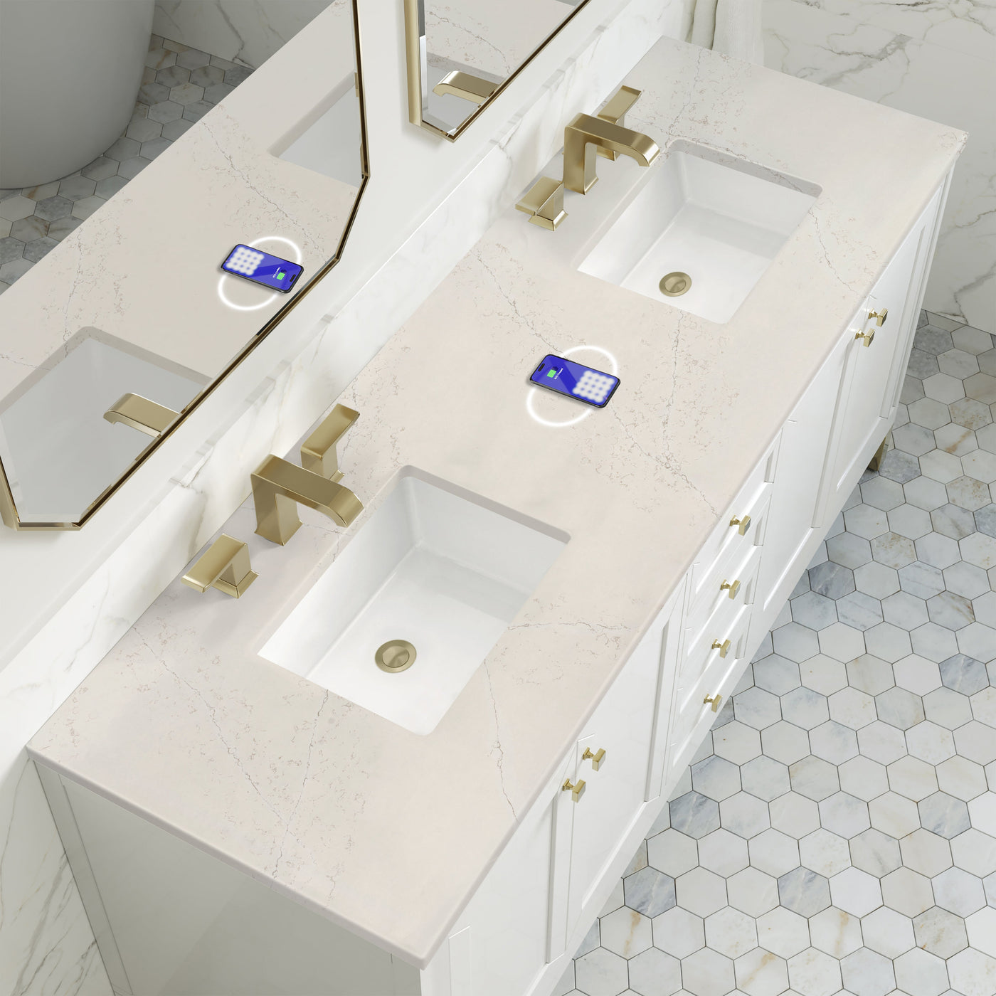 James Martin Chicago 72" Double Bathroom Vanity, Glossy White with Siberian (FreePower) countertop