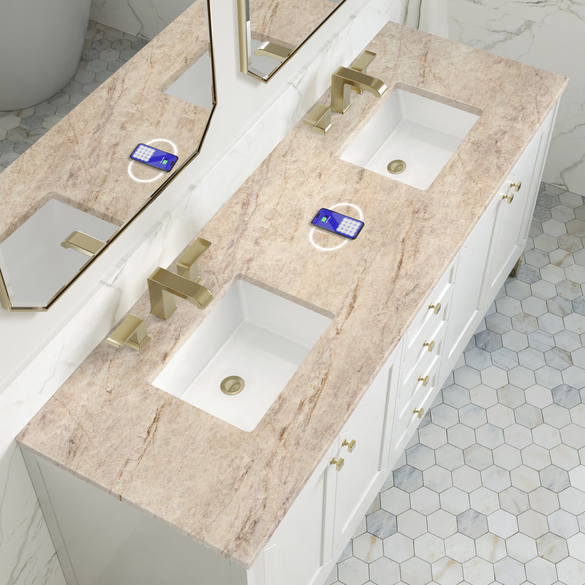 James Martin Chicago 72" Double Bathroom Vanity, Glossy White with Tajnar (FreePower) countertop