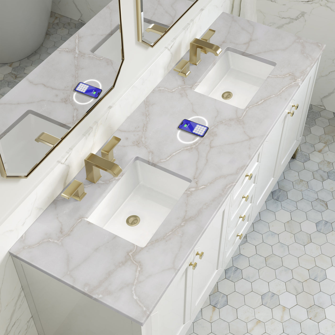 James Martin Chicago 72" Double Bathroom Vanity, Glossy White with Victorian Silver (FreePower) countertop