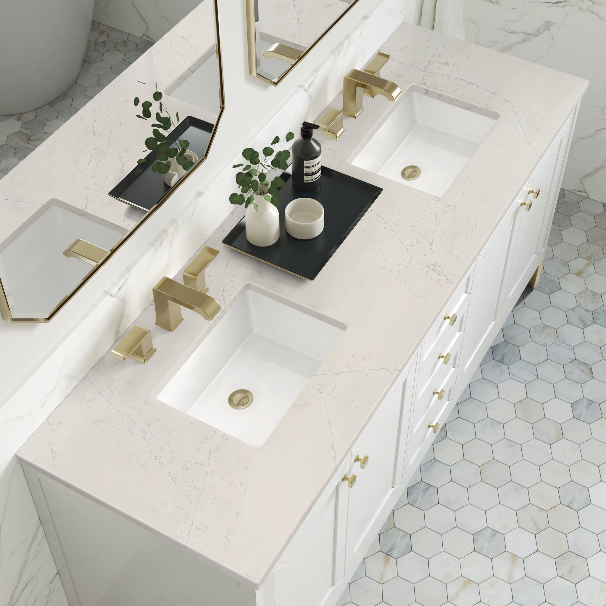 James Martin Chicago 72" Double Bathroom Vanity, Glossy White with Siberian countertop