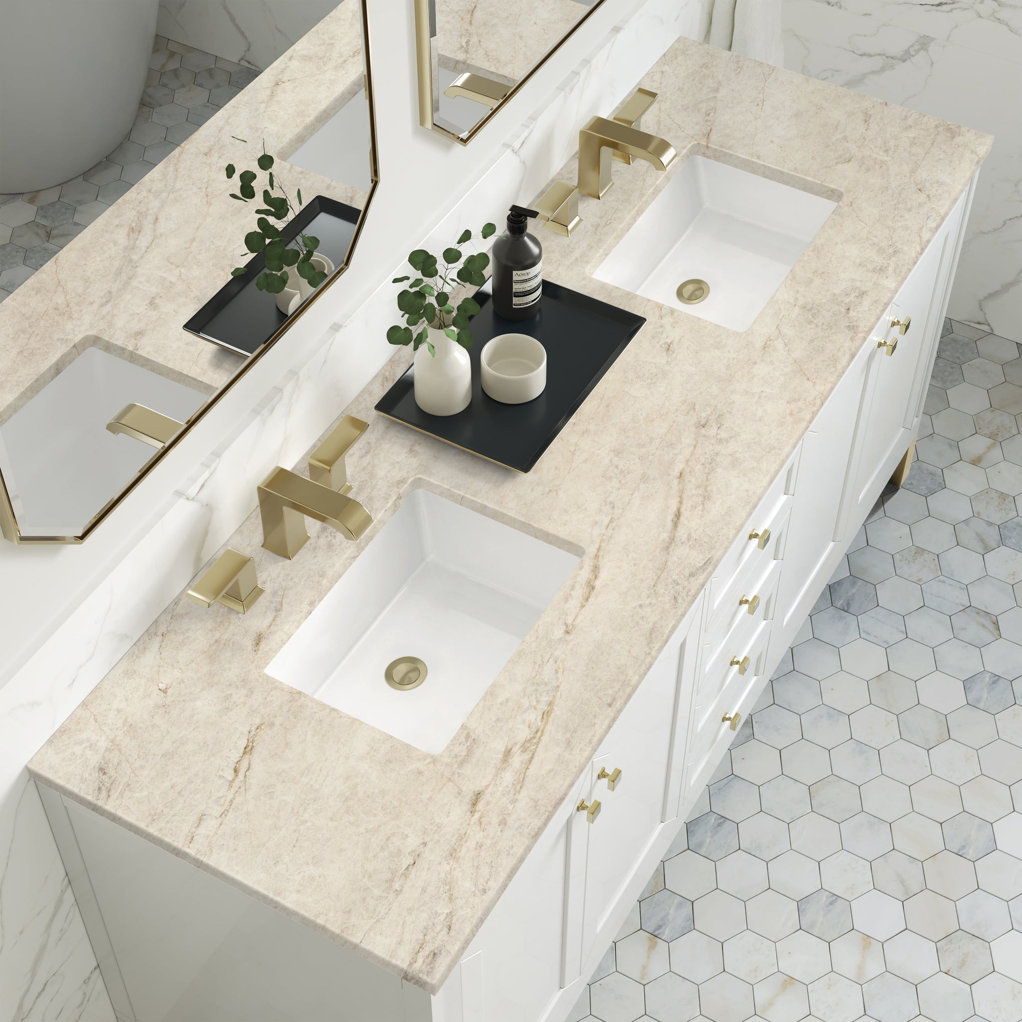James Martin Chicago 72" Double Bathroom Vanity, Glossy White with Tajnar countertop