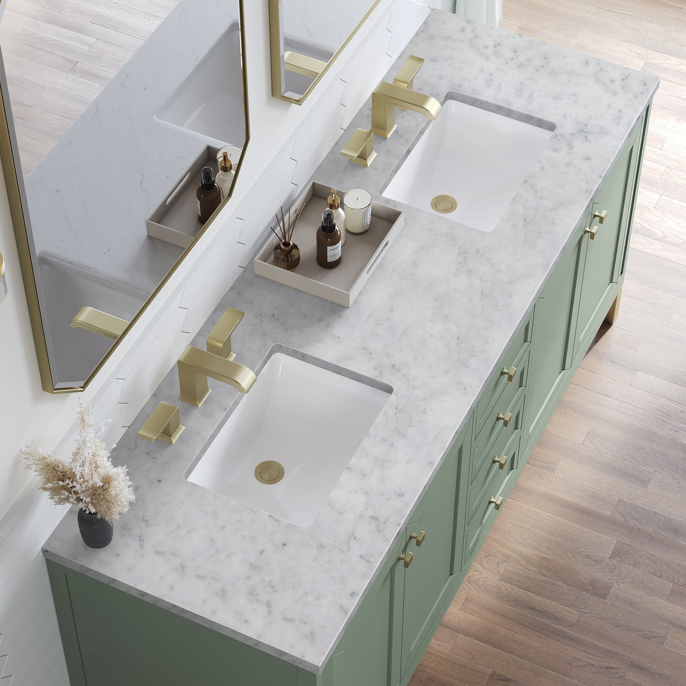 James Martin Chicago 72" Double Bathroom Vanity, Smokey Celadon with Carrara White countertop