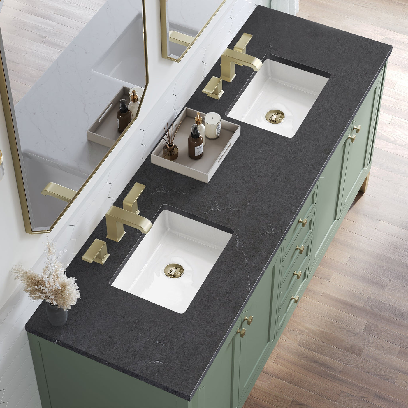 James Martin Chicago 72" Double Bathroom Vanity, Smokey Celadon with Charcoal Soapstone countertop