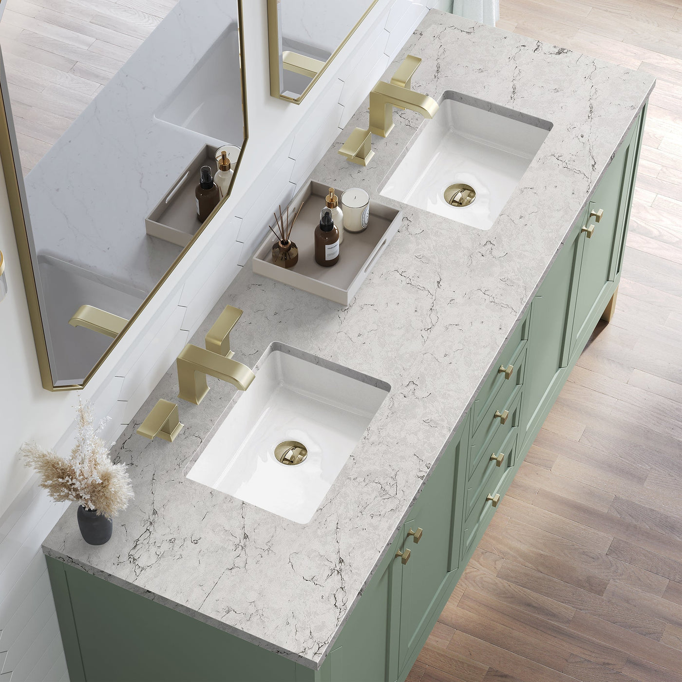James Martin Chicago 72" Double Bathroom Vanity, Smokey Celadon with Eternal Jasmine Pearl countertop