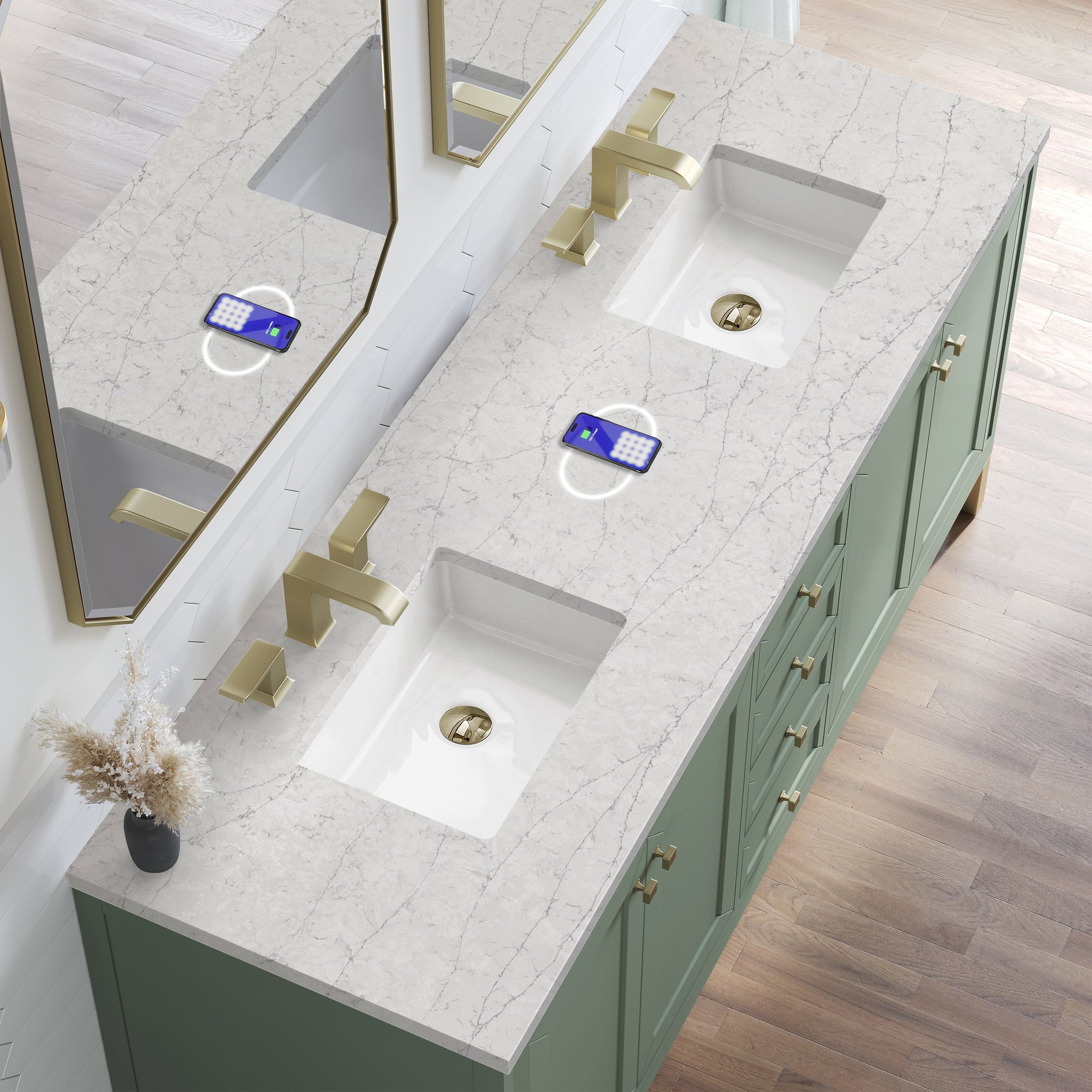 James Martin Chicago 72" Double Bathroom Vanity, Smokey Celadon with Eternal Jasmine Pearl (FreePower) countertop