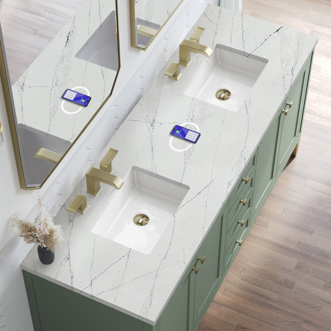 James Martin Chicago 72" Double Bathroom Vanity, Smokey Celadon with Ethereal Noctis (FreePower) countertop
