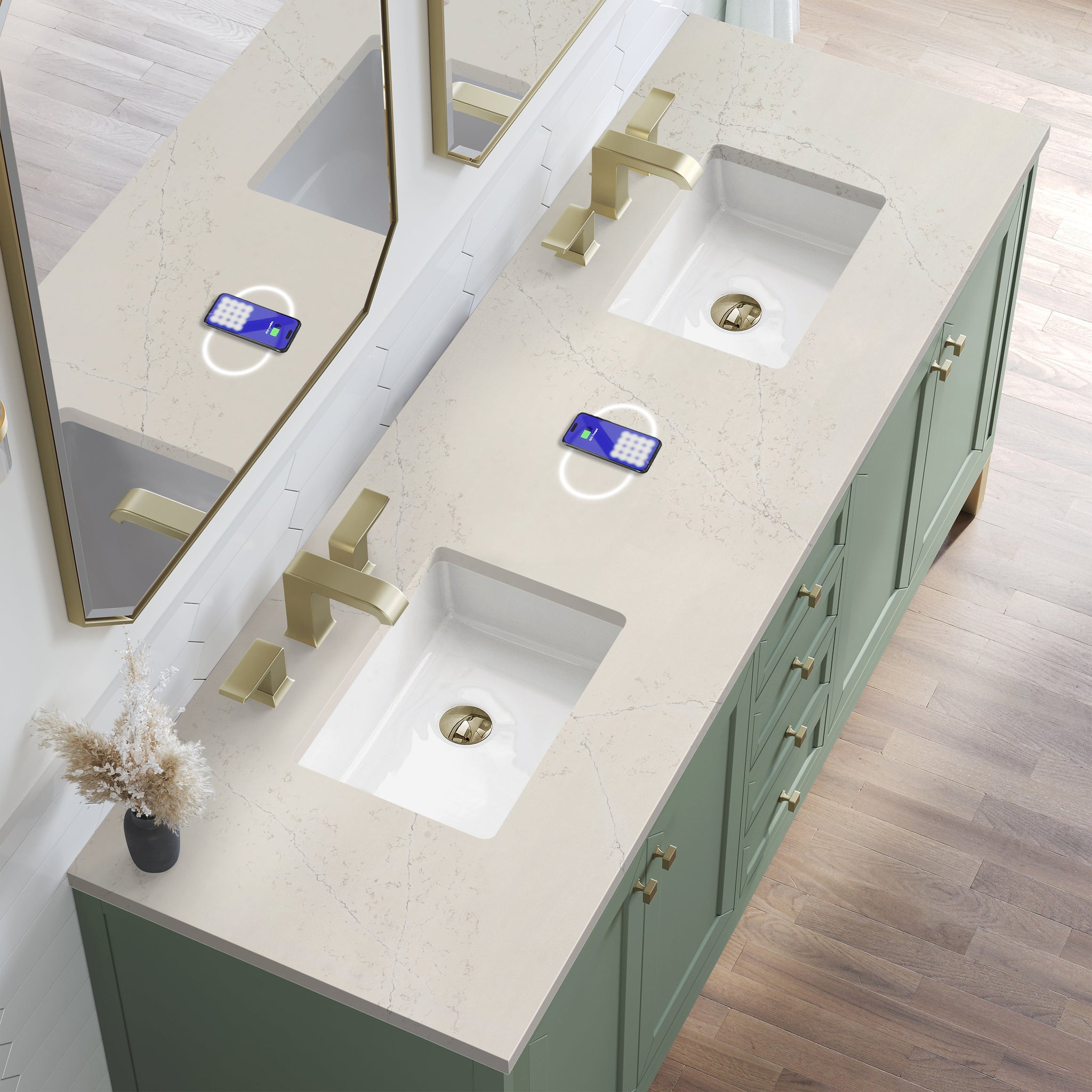 James Martin Chicago 72" Double Bathroom Vanity, Smokey Celadon with Siberian (FreePower) countertop