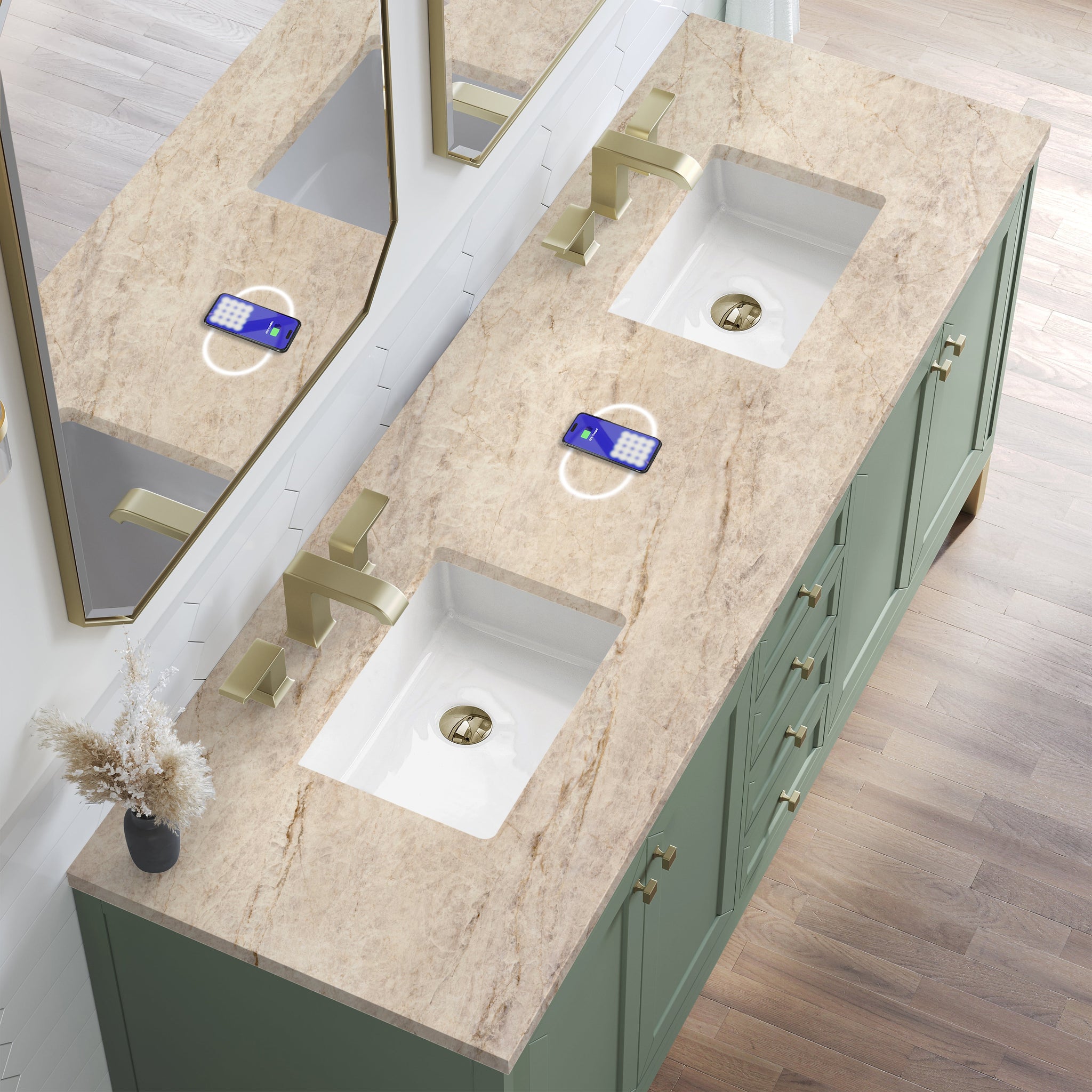 James Martin Chicago 72" Double Bathroom Vanity, Smokey Celadon with Tajnar (FreePower) countertop