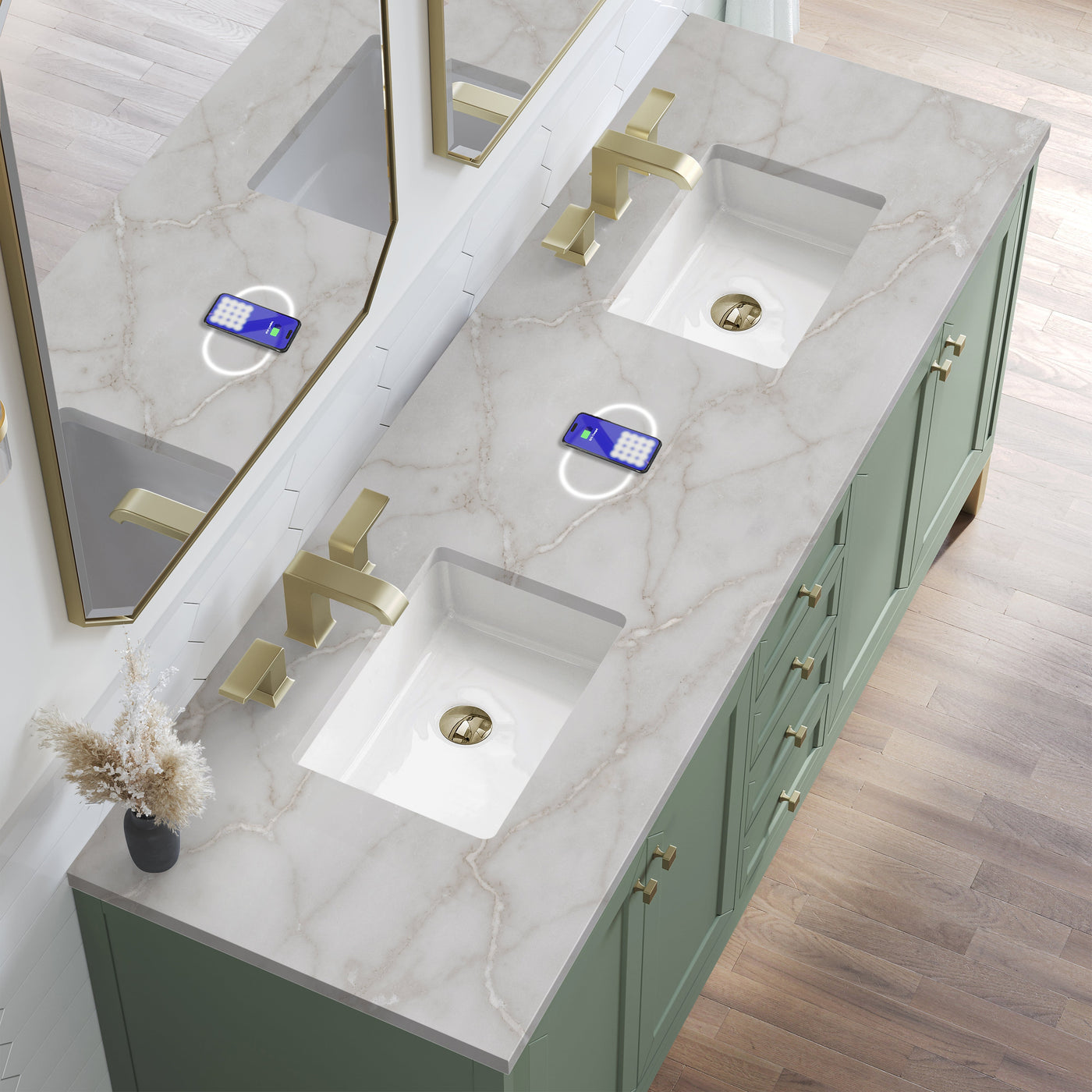 James Martin Chicago 72" Double Bathroom Vanity, Smokey Celadon with Victorian Silver (FreePower) countertop