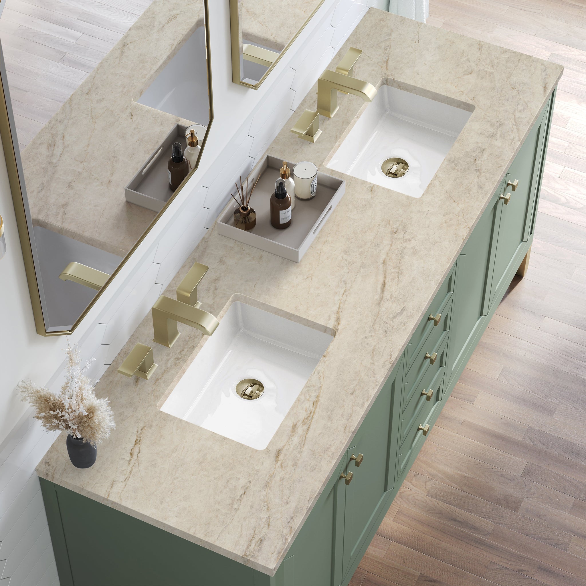 James Martin Chicago 72" Double Bathroom Vanity, Smokey Celadon with Tajnar countertop