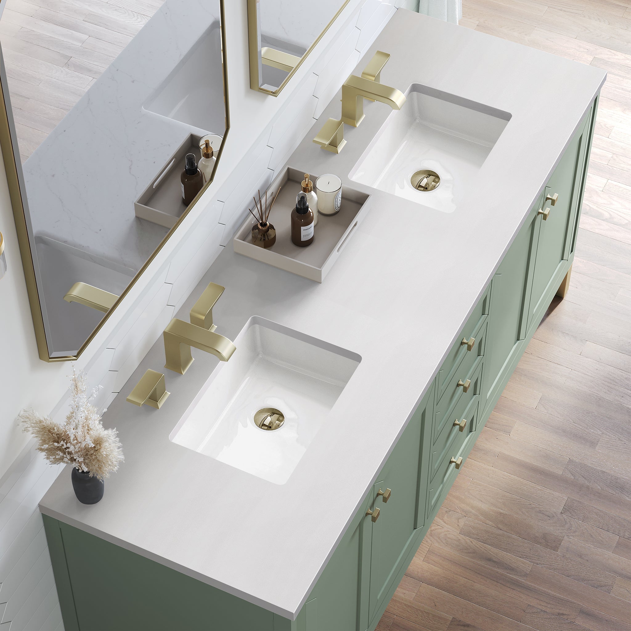 James Martin Chicago 72" Double Bathroom Vanity, Smokey Celadon with White Zeus countertop