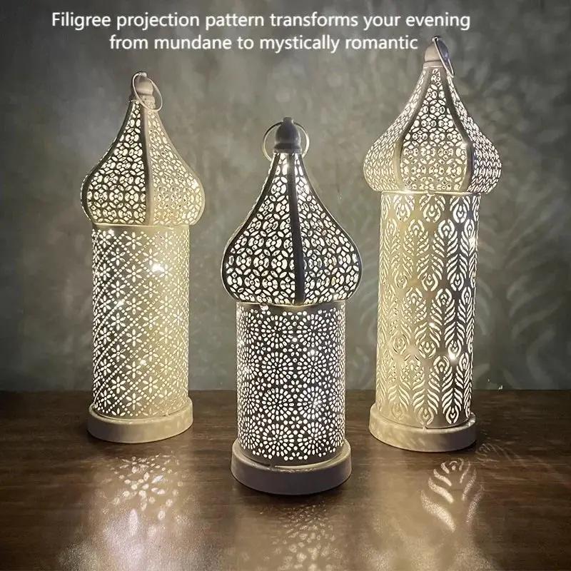 Christmas Decoration LED Illuminated Wind Lantern Iron Art Ornament, New Moroccan White Iron Hollow Lantern, Perfect Christmas Gift,, Battery Operated, Home Bedroom Living Room Indoor Decor, Batteries Not Included by House Of Avana