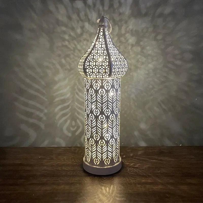 Christmas Decoration LED Illuminated Wind Lantern Iron Art Ornament, New Moroccan White Iron Hollow Lantern, Perfect Christmas Gift,, Battery Operated, Home Bedroom Living Room Indoor Decor, Batteries Not Included by House Of Avana