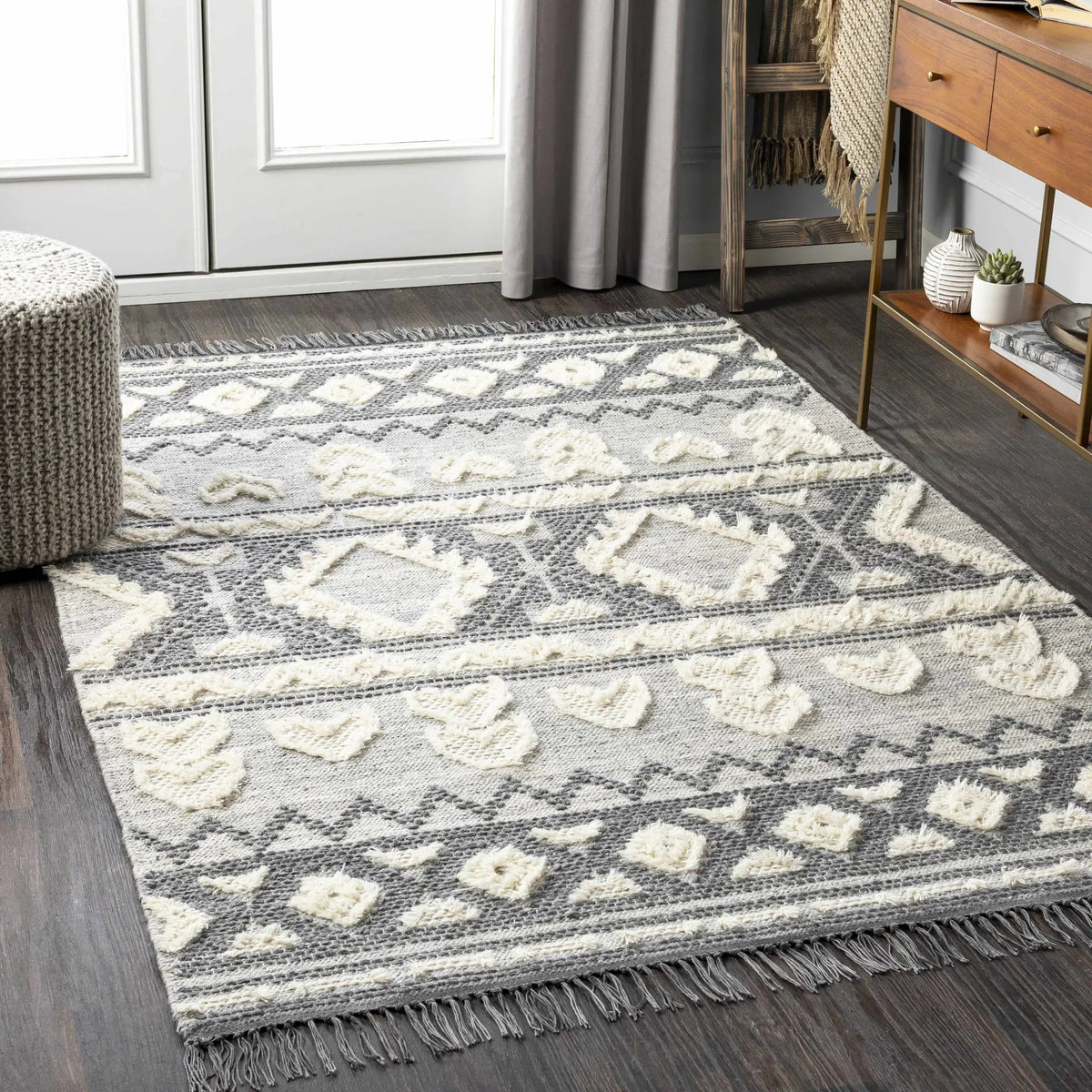 Gakona High-Low Cream&Charcoal Wool Rug - Clearance, installed in a room