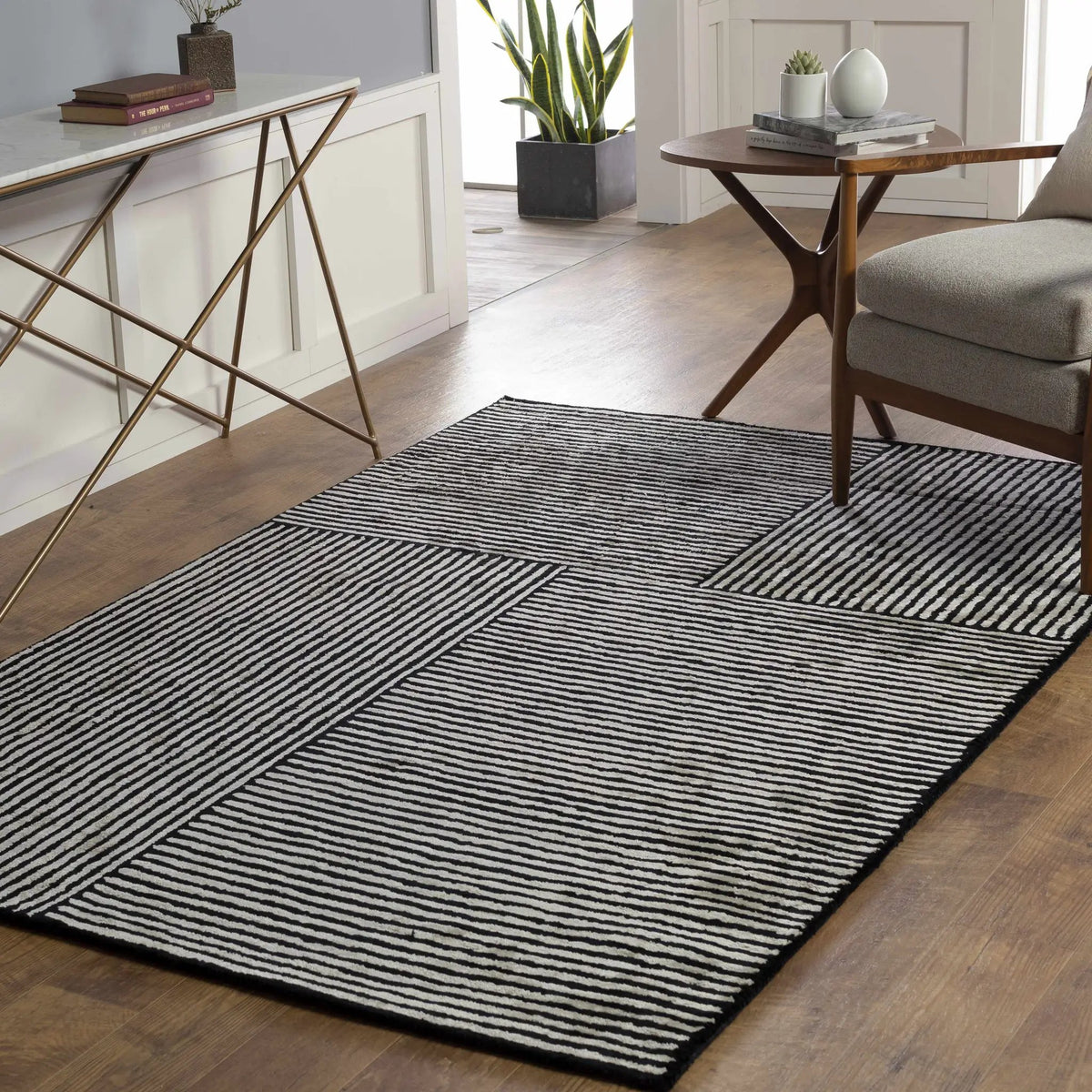 Black&White Striped Sheen Viscose Area Rug, installed in a room