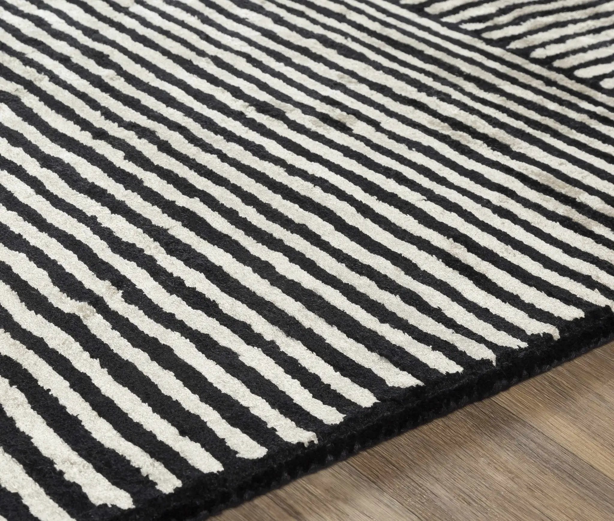 Black&White Striped Sheen Viscose Area Rug by Boutique Rugs