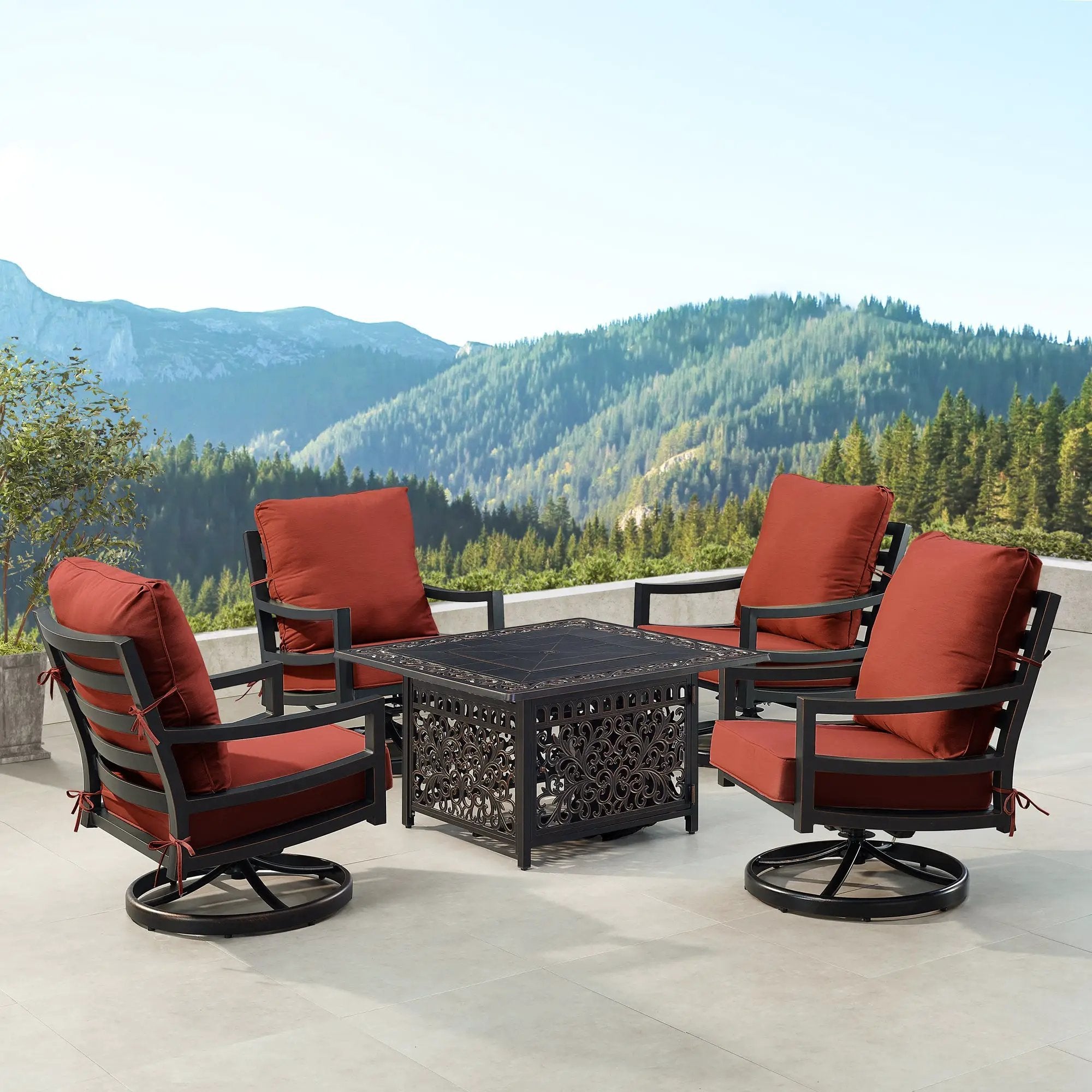 Black Aluminum Fire Table Set with Four Club Chairs by Sharicks