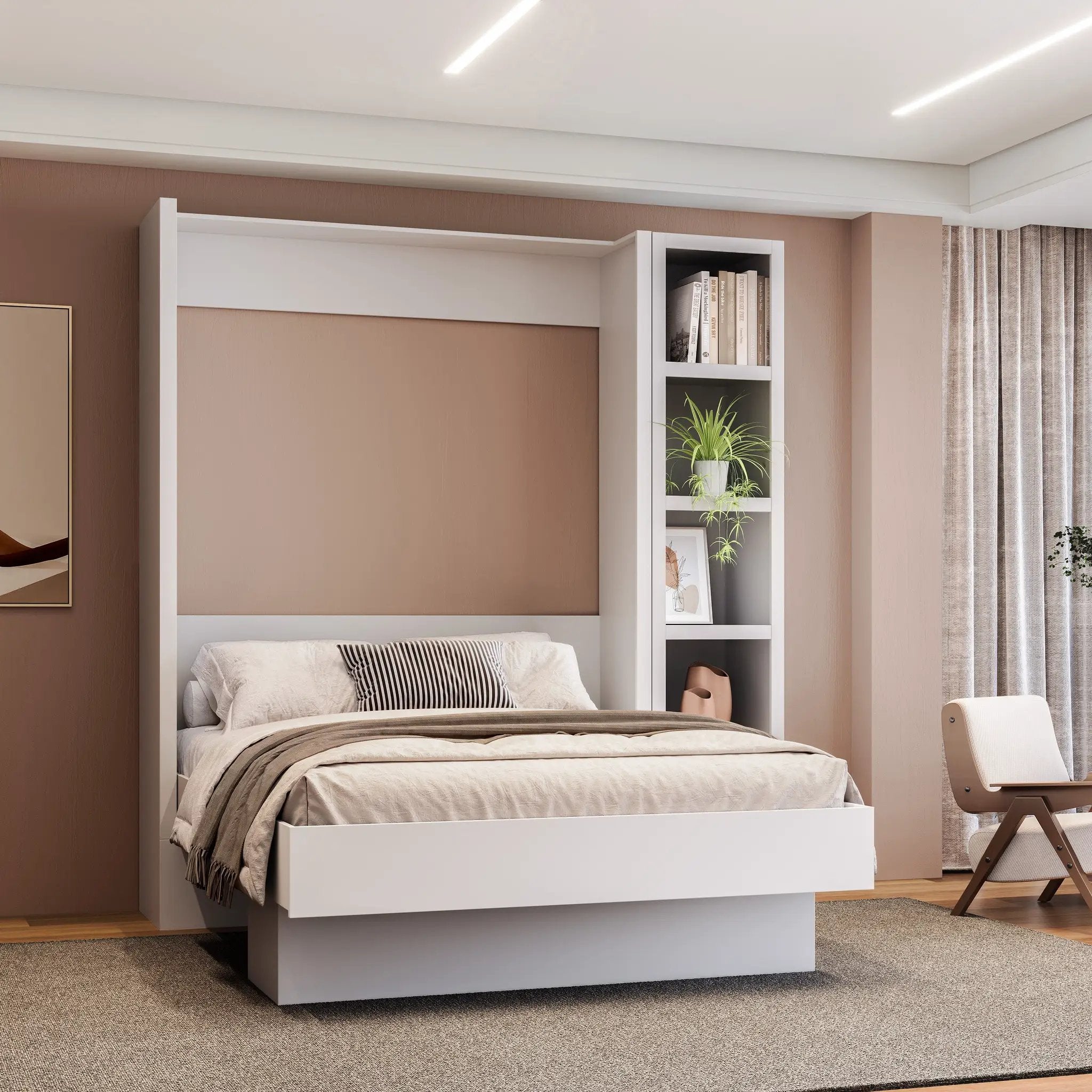 Easy-Lift Full Murphy Wall Bed in White with Bookshelf by Sharicks