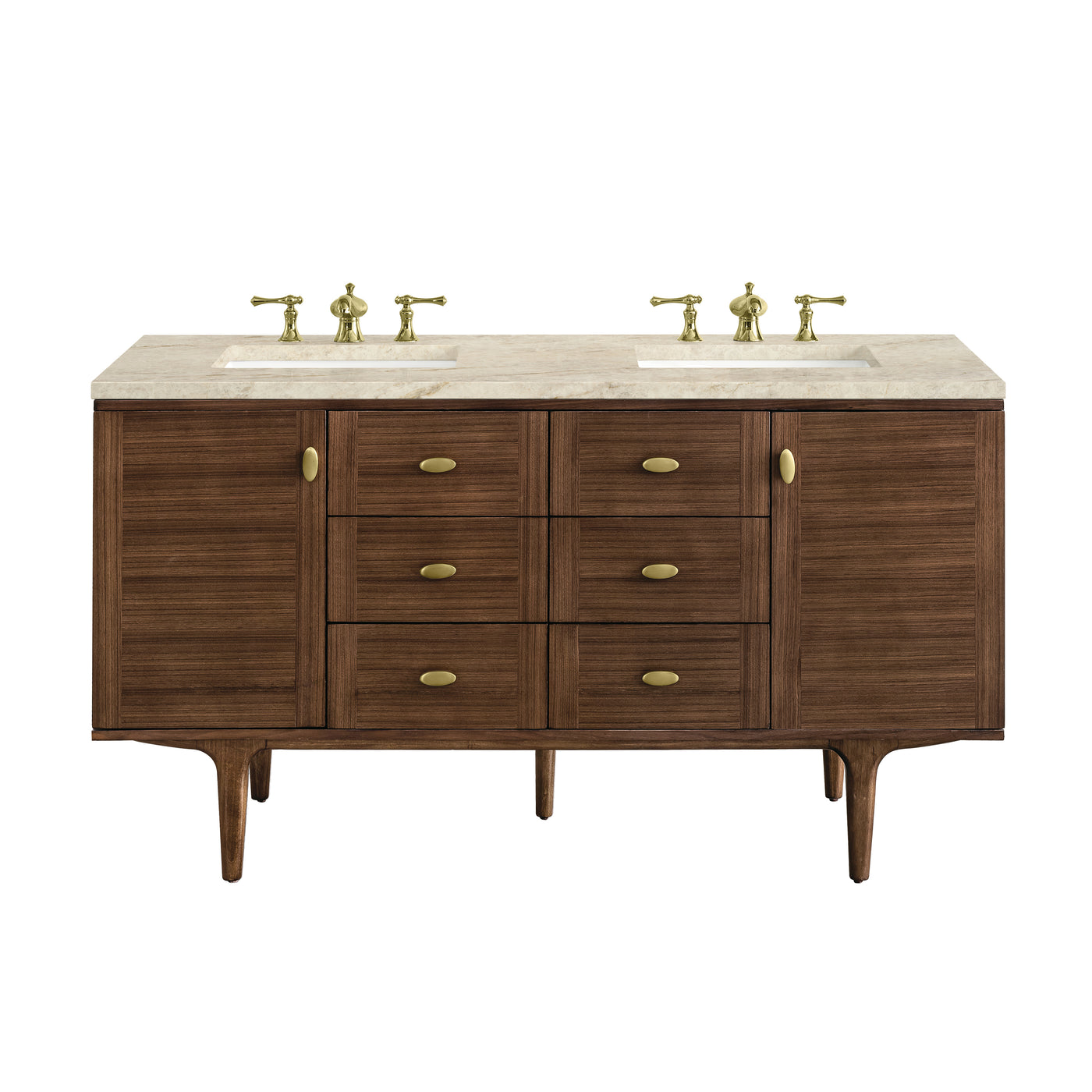 James Martin Amberly 60" Dual Mount Double Bathroom Vanity, Mid-Century Walnut with Tajnar (FreePower) countertop