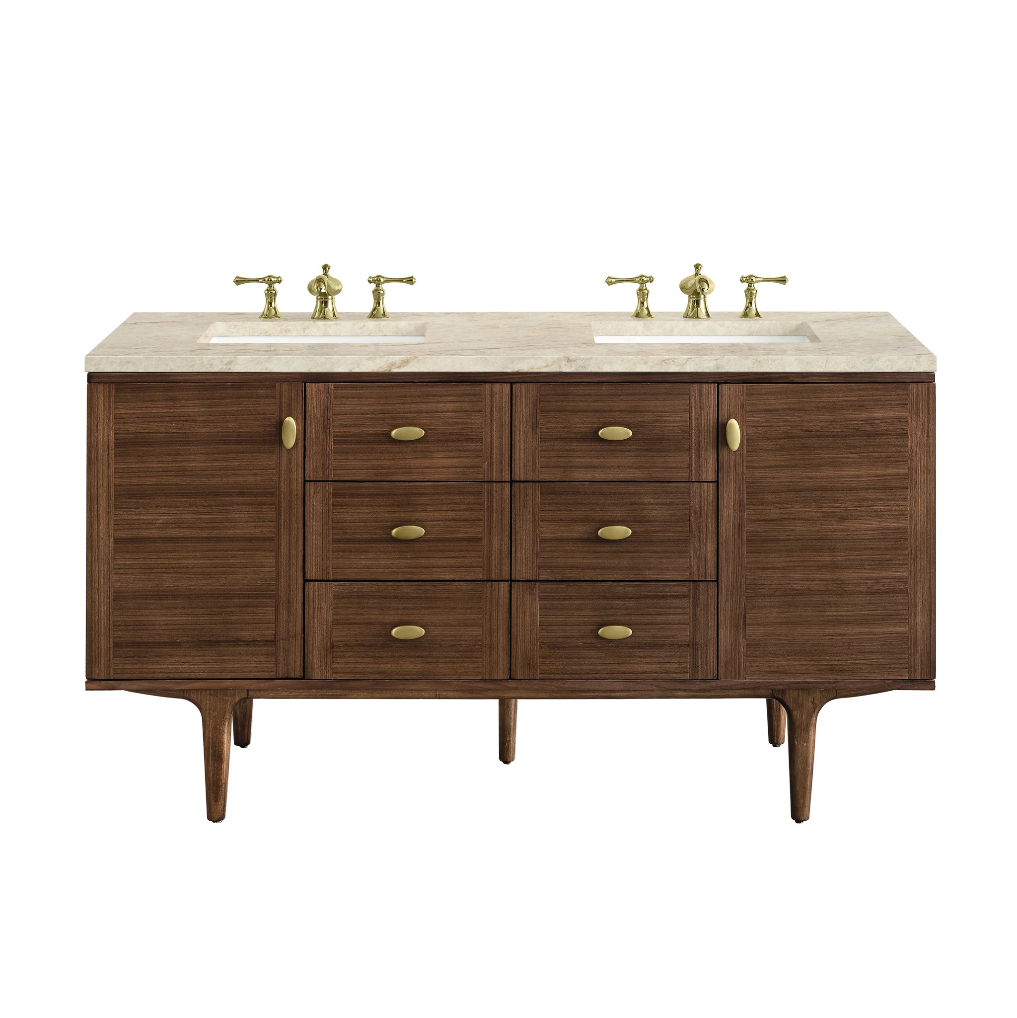 James Martin Amberly 60" Dual Mount Double Bathroom Vanity, Mid-Century Walnut with Tajnar (FreePower) countertop