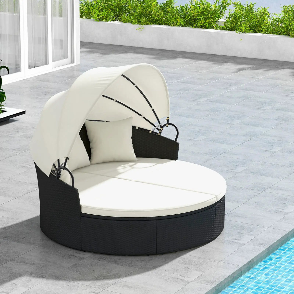 Clamshell Patio Round Daybed Wicker with Retractable Canopy and Pillows, photo 4 of 16