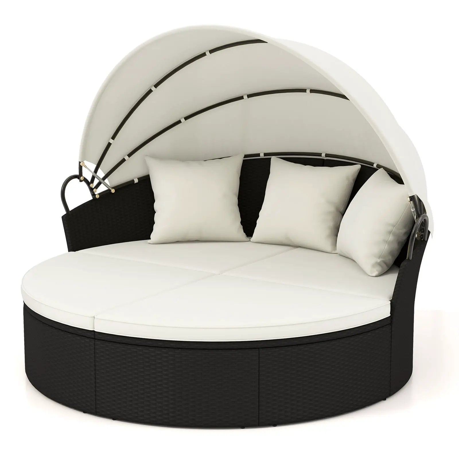 Clamshell Patio Round Daybed Wicker with Retractable Canopy and Pillows by DirectDeals