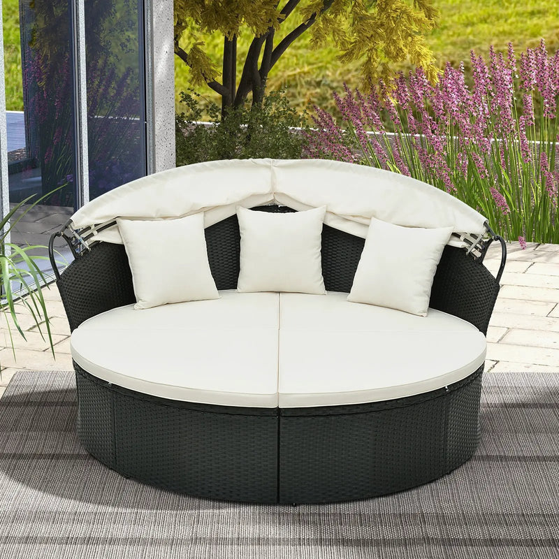 Clamshell Patio Round Daybed Wicker with Retractable Canopy and Pillows by DirectDeals