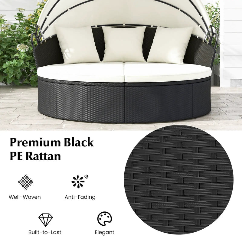 Clamshell Patio Round Daybed Wicker with Retractable Canopy and Pillows by DirectDeals