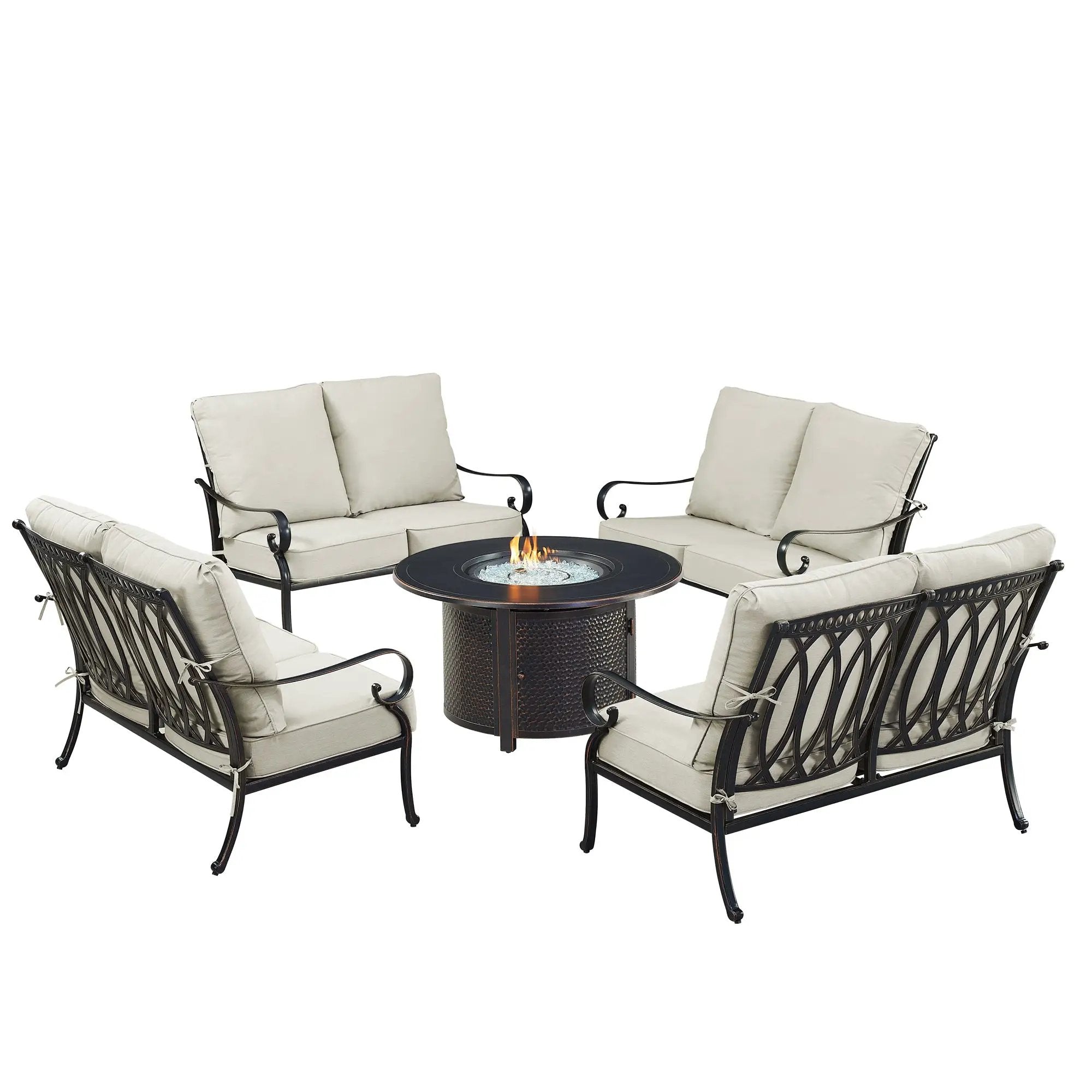 Black Aluminum Fire Table Set with Four Deep Seating Loveseats by Sharicks